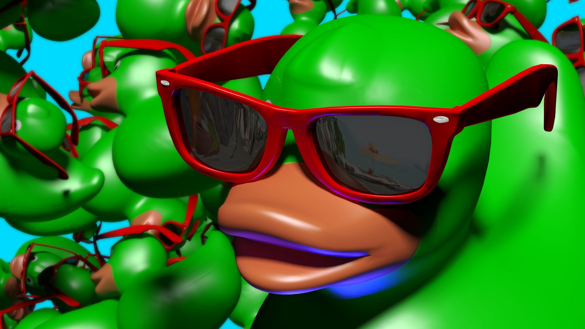 Grüne Ente mit Sonnenbrille im Pool Grüne Ente mit Sonnenbrille im Pool umgeben von vielen kleinen grünen Enten