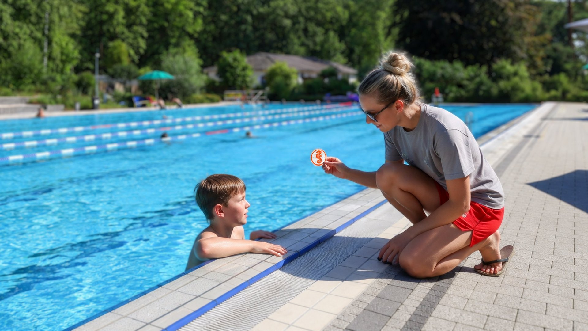 Badpersonal übergibt Seepferdchen an Kind (KI)
