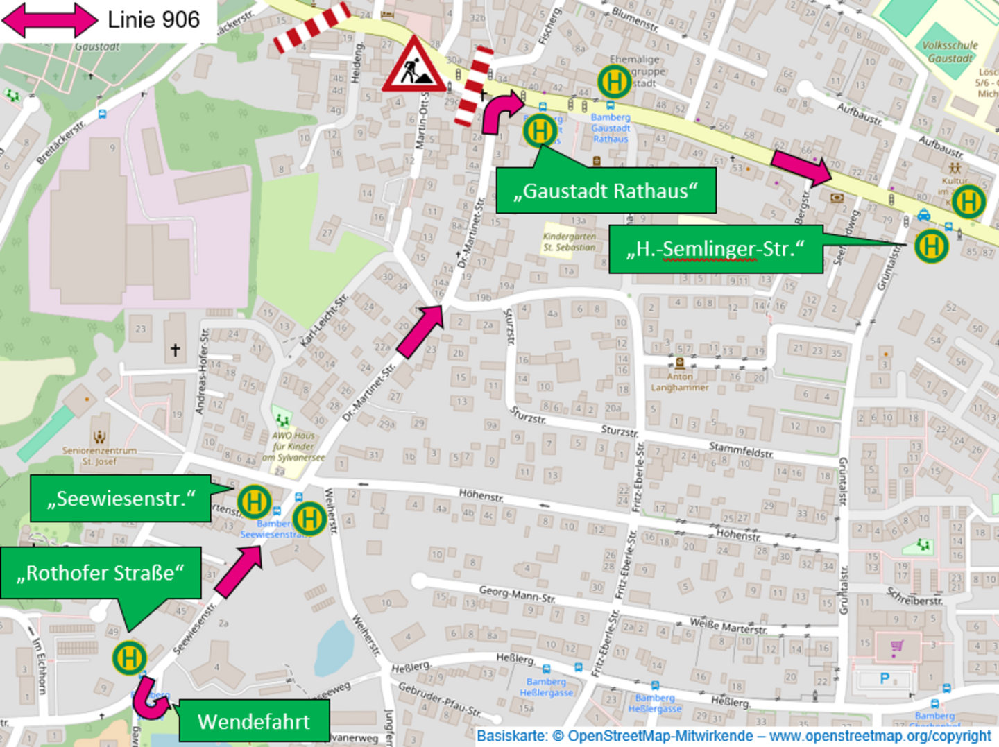 Umleitungskarte der Buslinie 906 Richtung Innenstadt im zweiten Bauabschnitt der Gaustadter Hauptstraße