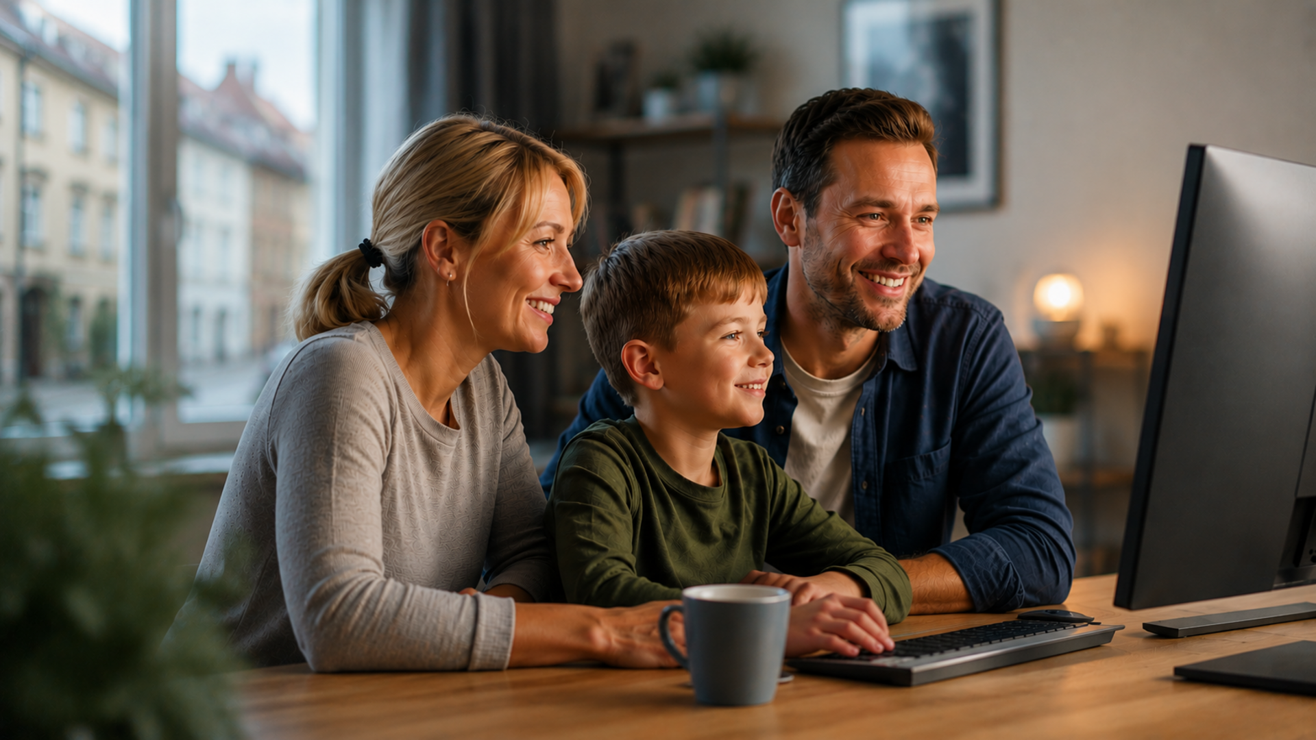 Familie sitzt vor einem PC in einer Wohnung (KI generiert)