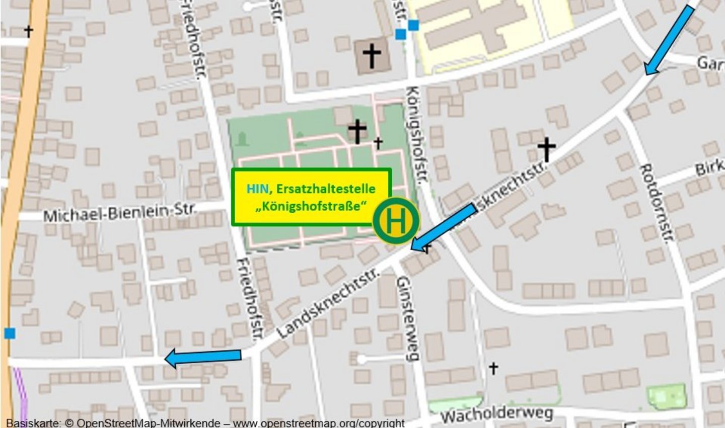 Stadtplan mit Ersatzhaltestelle Königshofstraße