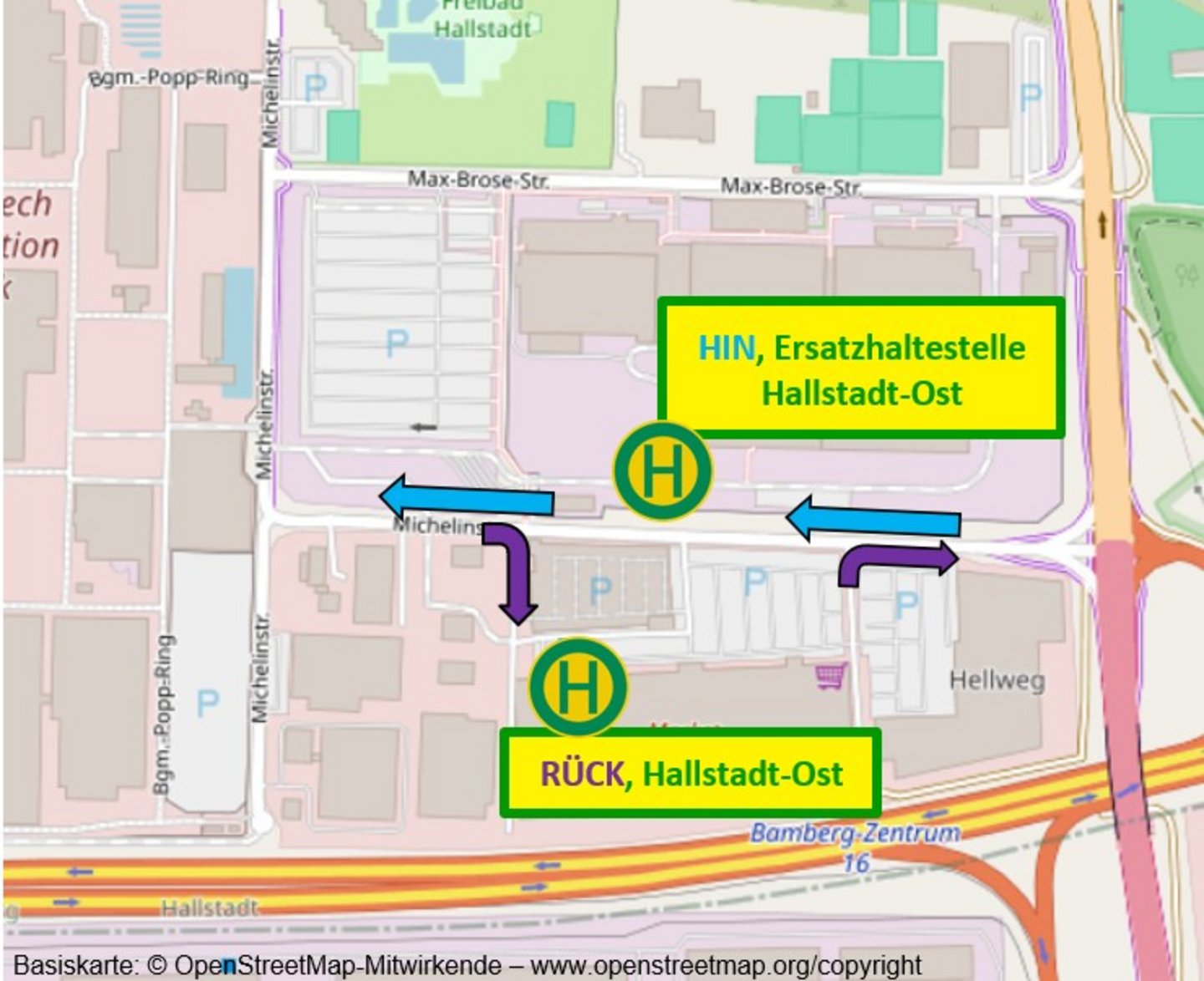 Stadtplan Ersatzhaltestelle Hallstadt-Ost
