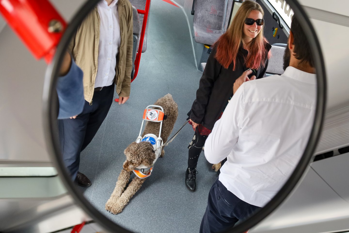 Frau mit Assistenzhund im Bus durch Spiegel