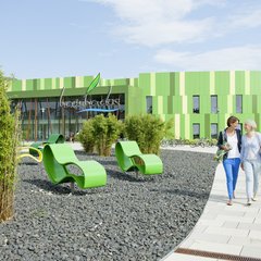 Bambados Gebäude mit Parkplatz und zwei Frauen