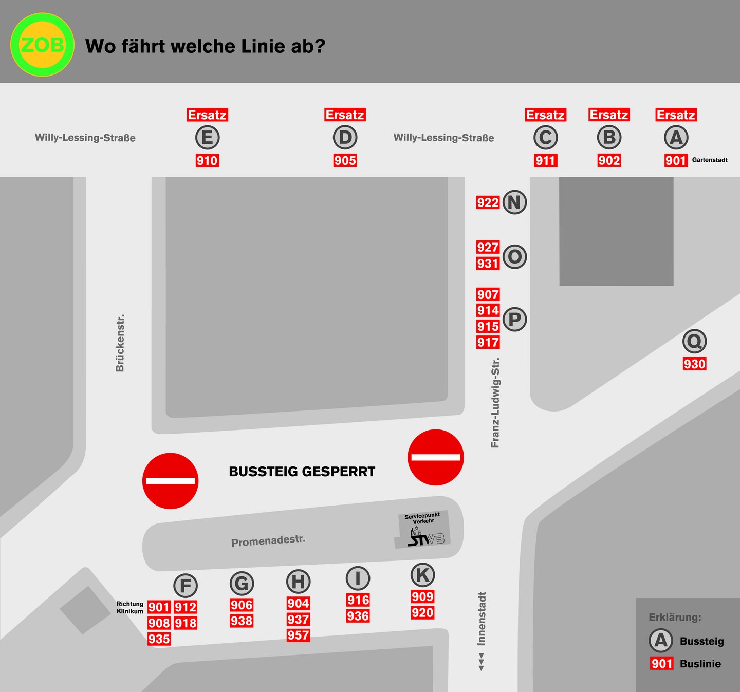 Plan mit geänderter Bussteigbelegung während der Fahrbahnsanierung des ZOB 