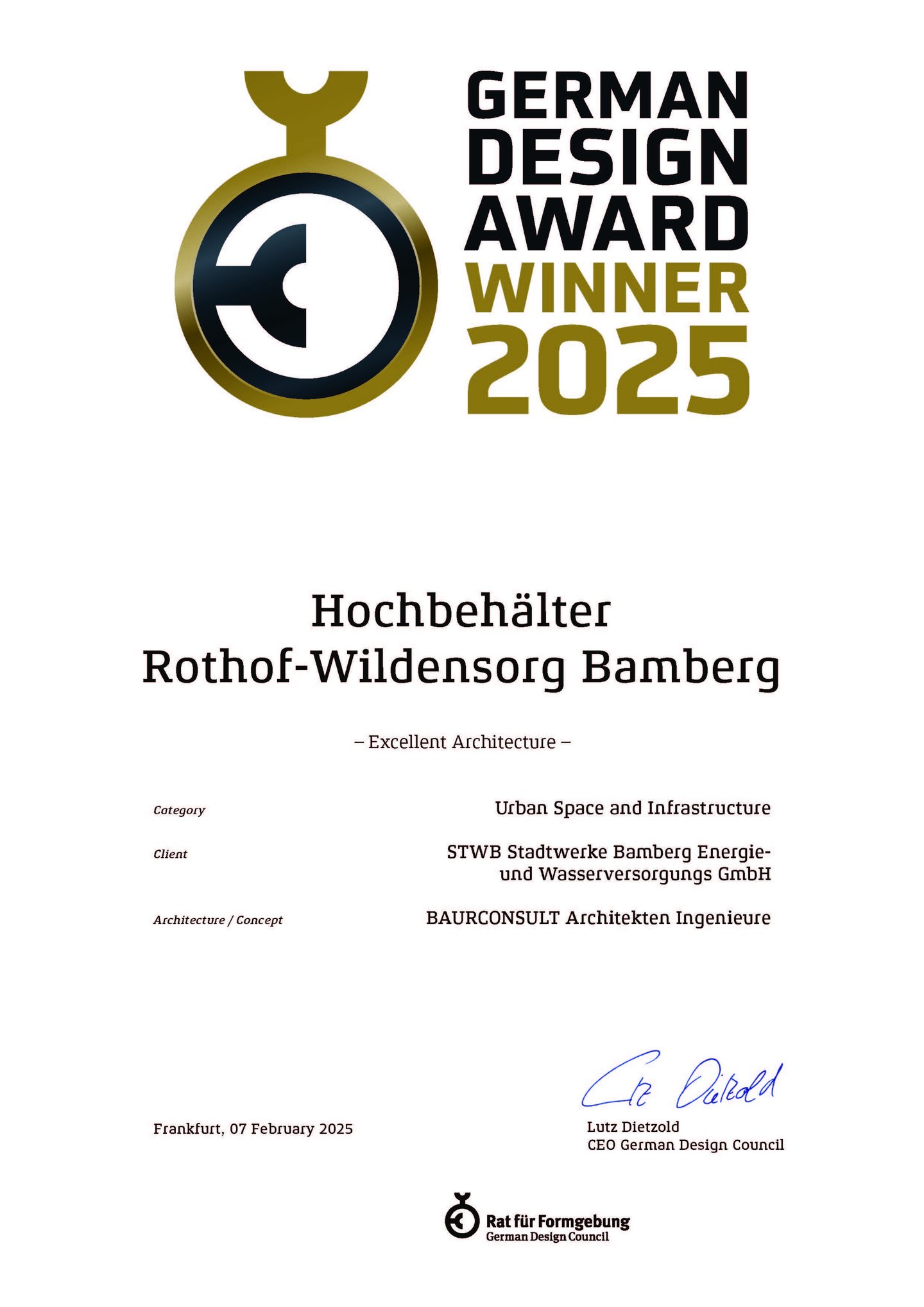 Urkunde German Design Award Winner 2025 Hochbehälter Rothof