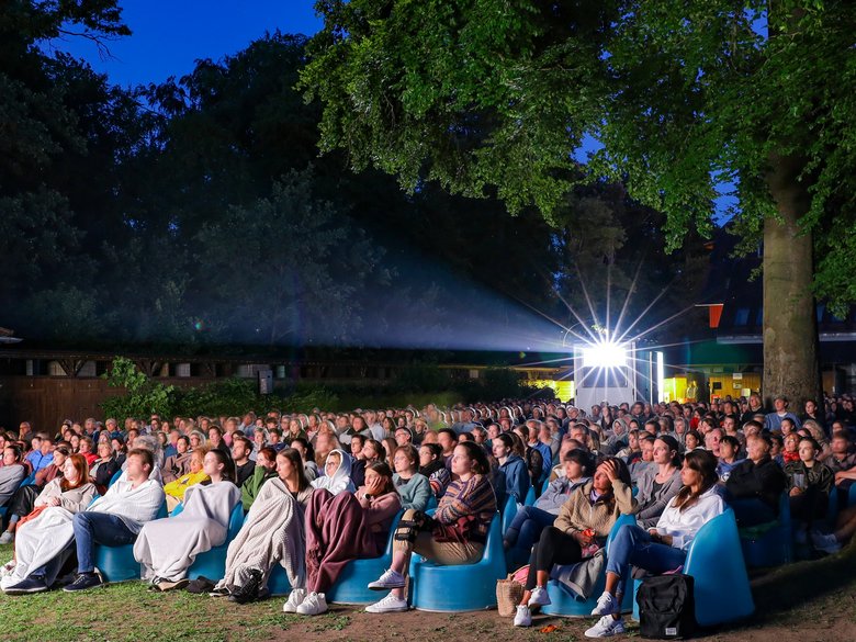 Zuschauer am Abend beim Bamberger Kinosommer in der Hainbadestelle